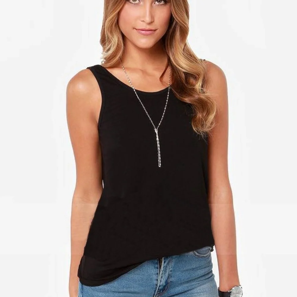 Black Deep V Back Tank Top | Open Back Casual Sleeveless Top | Soft Stretch - Picture 5 of 7